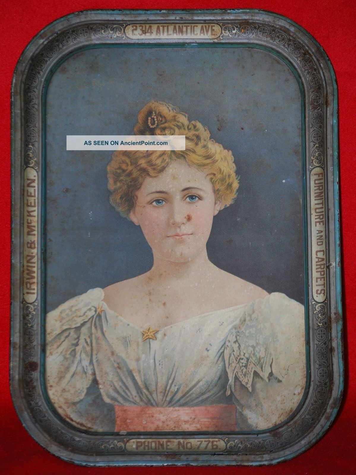 Antique Victorian Tin Sign Serving Tray With Advertisement 3 Digit Phone Number Metalware photo
