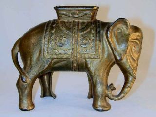 Antique Cast Iron Golden Still Penny Bank Large Elephant W/ Howdah Ac Williams photo