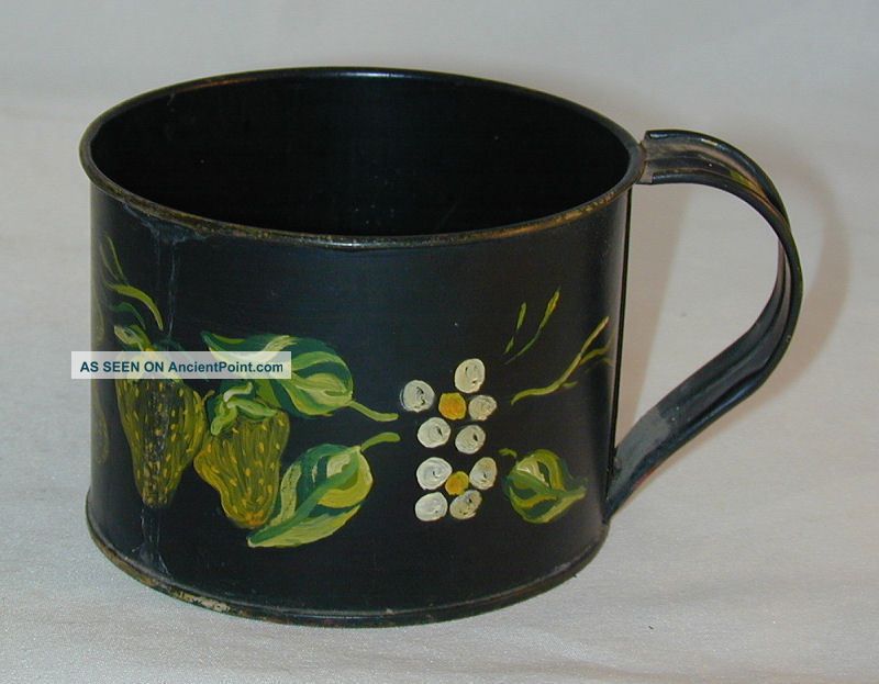 Antique Painted Tin Toleware Wide - Mouth Cup Handle Yellow Green Strawberries Metalware photo