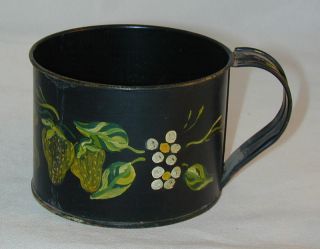 Antique Painted Tin Toleware Wide - Mouth Cup Handle Yellow Green Strawberries photo