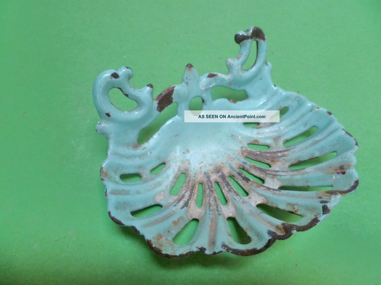 Old French Cast Iron Shabby Soap Dish : Shell Shape Blue Metalware photo