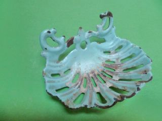 Old French Cast Iron Shabby Soap Dish : Shell Shape Blue photo