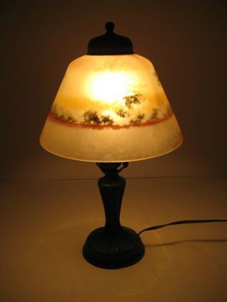 Antique Victorian Boudoir Lamp Reverse Painted Glass Shade Bronze Metal Base photo