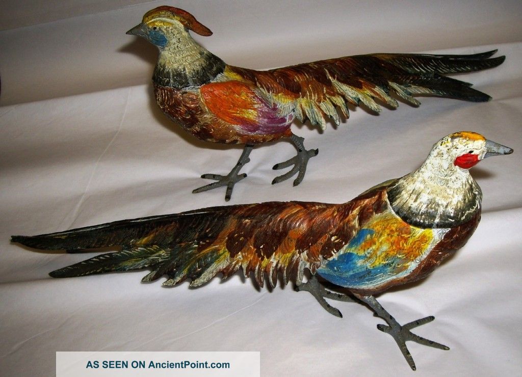 Pair Of Cast Metal Hand Painted Pheasnats Birds Metalware photo