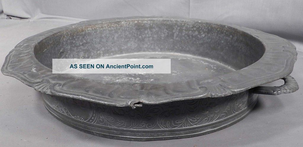 Antique German Pewter Ornate Baroque Style Shaving Basin Centerpiece Handle Bowl Metalware photo