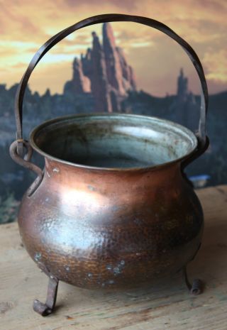 Circa 1880 ' S Antique Three Legged Hammered Copper Pot photo