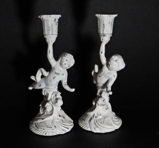 Delightful Pair Of Vintage White Finished Solid Spelter Cherub Candle Holders photo