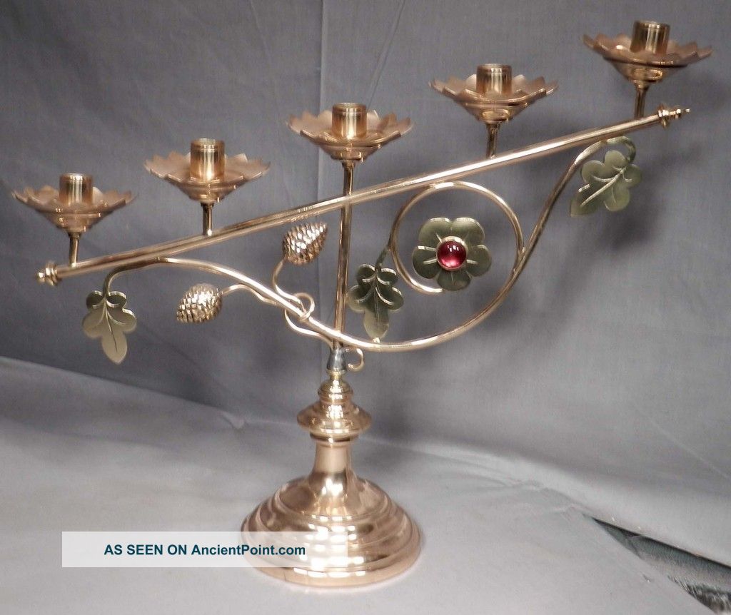 Antique Victorian Gothic Mixed Metal Brass Candelabra Church Candle Holder Jewel Metalware photo