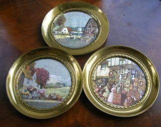 3 Brass Plates W Inset Picture - Made In England photo
