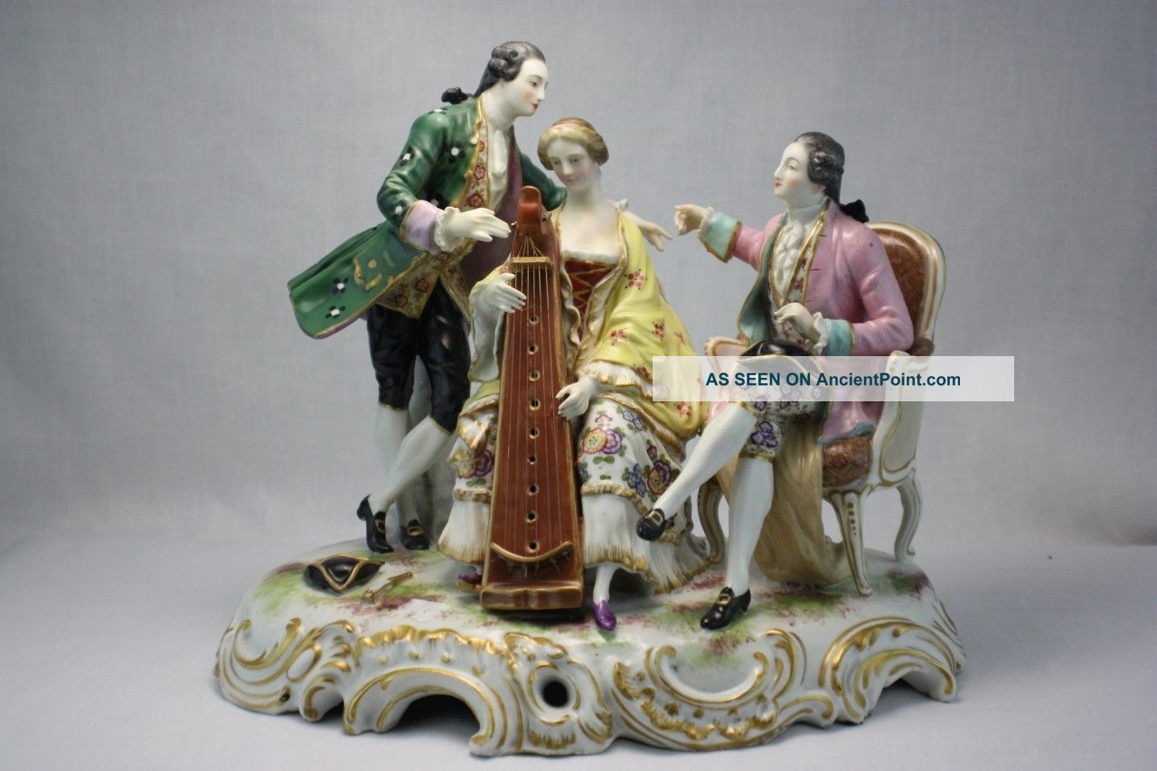 Large Antique Meissen 19th C Porcelain 3 Figure Musical Group Figurine Figurines photo