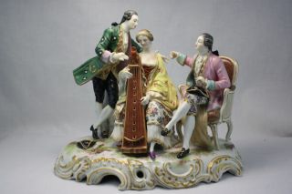 Large Antique Meissen 19th C Porcelain 3 Figure Musical Group Figurine photo