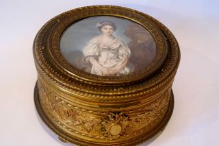 Antique Dore Bronze French Box Hand Painted Portrait On The Top,  Signed photo