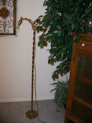 Antique Art Deco Bridge Floor Lamp With Pull Chain,  Twisted Wrought & Cast Iron photo