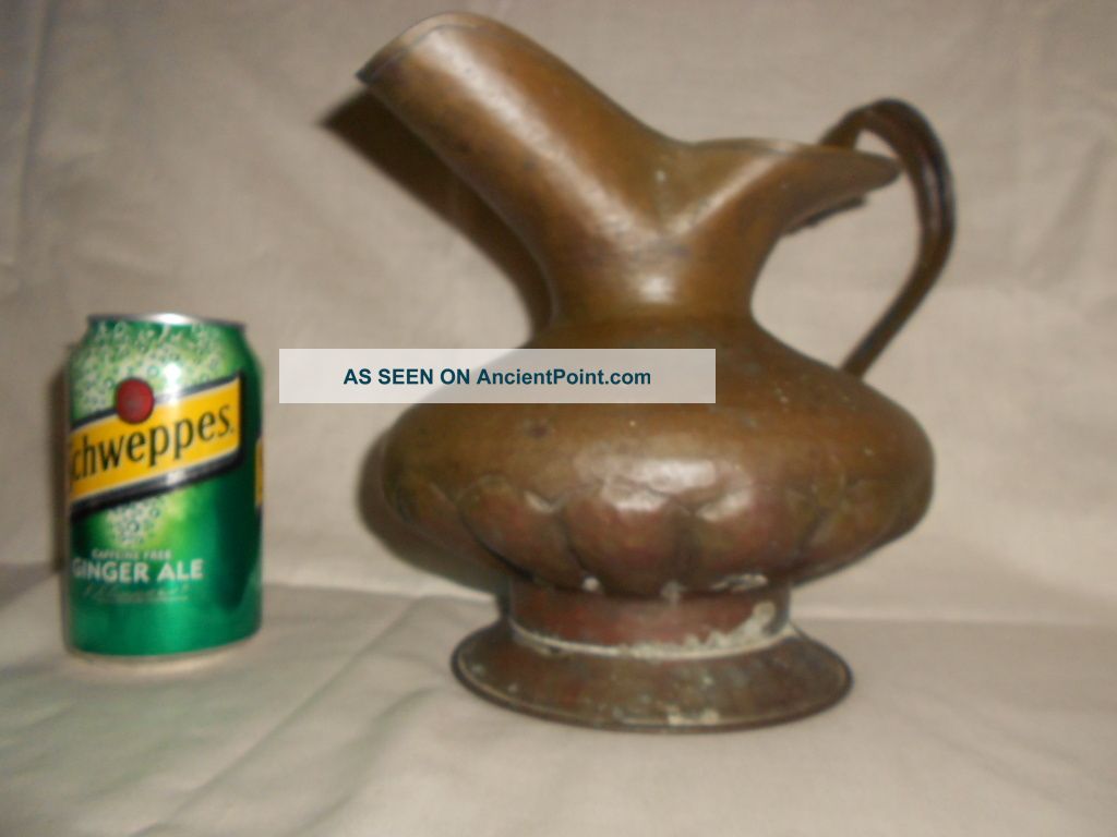 Hand Made Antique Lg Brass Water Pitcher Riveted Handle Hemmed Primitive Vase Metalware photo