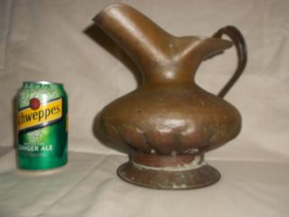 Hand Made Antique Lg Brass Water Pitcher Riveted Handle Hemmed Primitive Vase photo