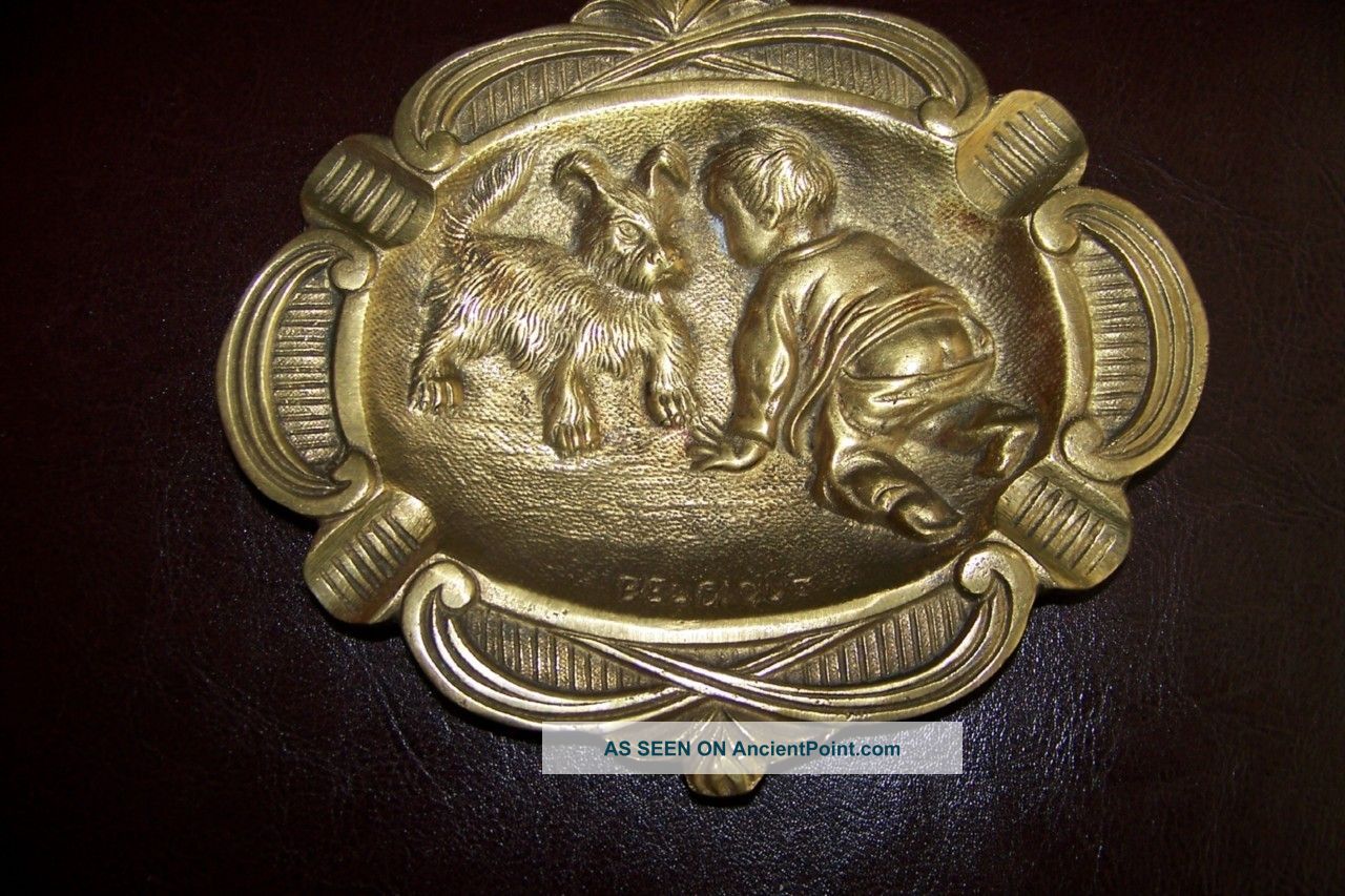 Belgian Depose Brass Ashtray,  Dog With Boy,  Stamped 215 Dep,  Belgium Metalware photo