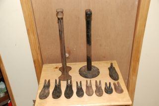 Antique Cast Iron Shoe Repair Tools - 2 Pedestals And 9 Attachments photo