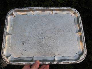 Antique Flat Silver Colored Ornate Serving Tray photo