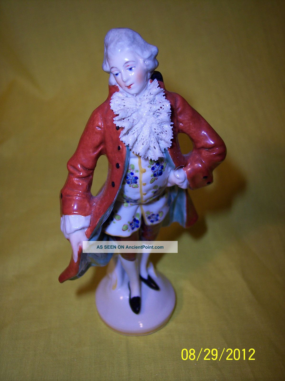 Early French Porcelain Figurine Of Gentleman In Red Coat,  Crown ' N ' Mark Figurines photo