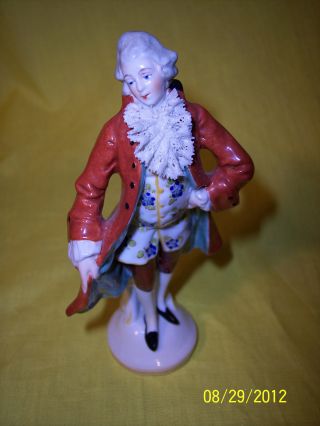 Early French Porcelain Figurine Of Gentleman In Red Coat,  Crown ' N ' Mark photo