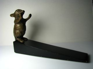 Brass Figurine Mouse Doorstop Brass & Wood Wedge/shimp photo