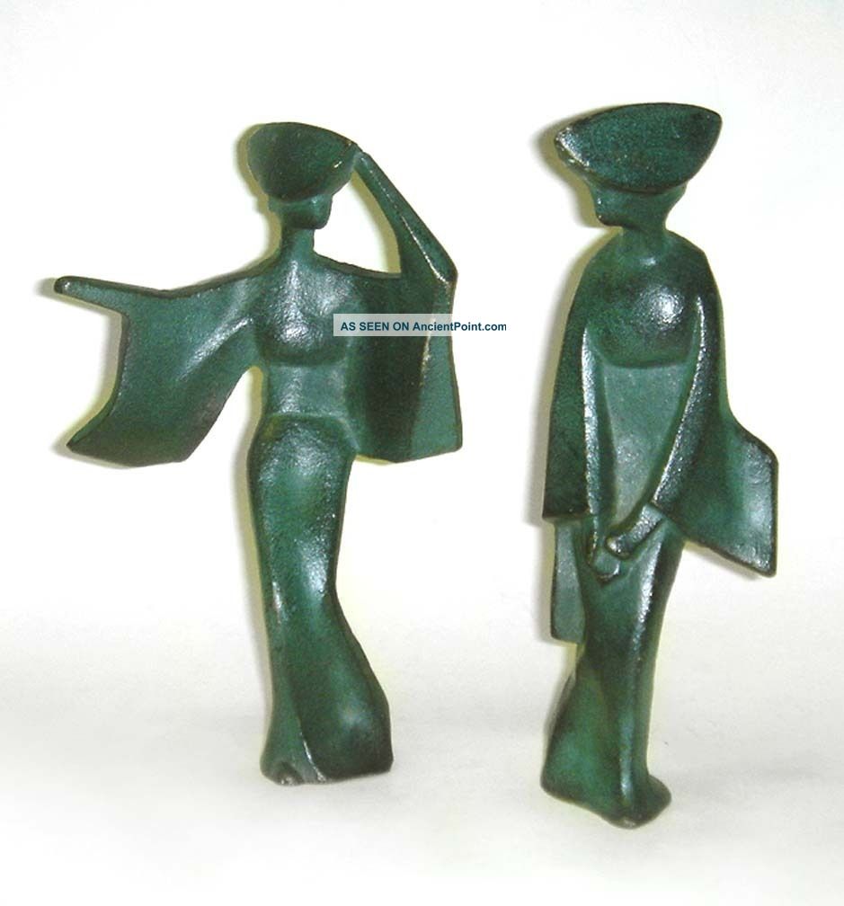 2 Mid Century 1950 ' S Modernist Cast Iron Figural Geisha Girl Green Statues Metalware photo