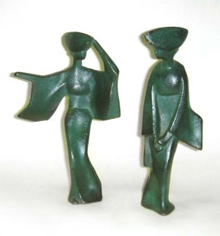 2 Mid Century 1950 ' S Modernist Cast Iron Figural Geisha Girl Green Statues photo