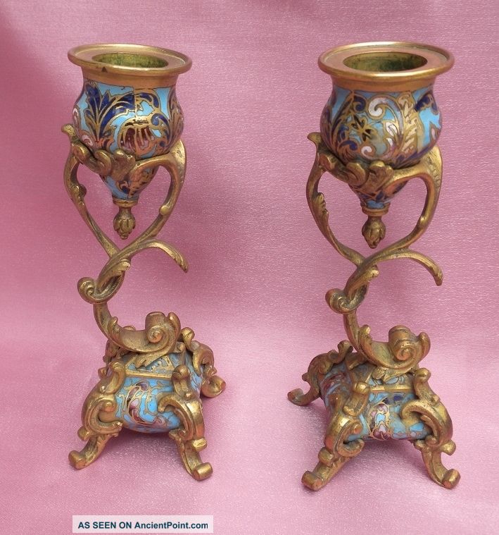 Pair Of Antique  French 19th Century Brass With Enamel candle Holder Metalware photo