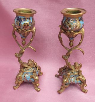 Pair Of Antique  French 19th Century Brass With Enamel candle Holder photo