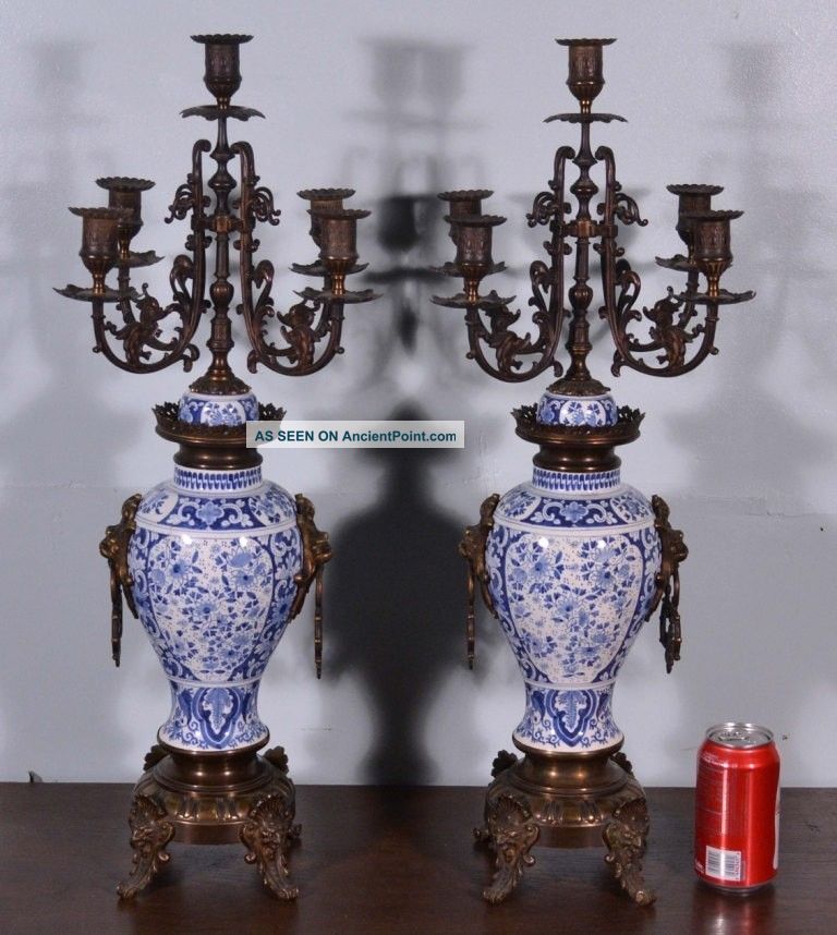 Pair Antique Delft Tin Glazed Faience & Bronze Candelabra Candlesticks By Boch Metalware photo