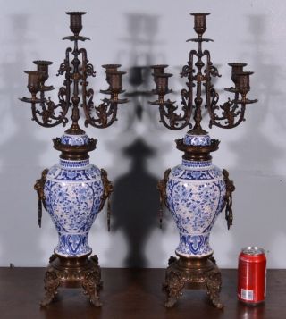 Pair Antique Delft Tin Glazed Faience & Bronze Candelabra Candlesticks By Boch photo