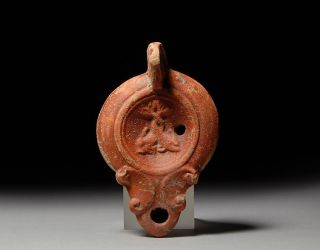 Ancient Roman Terracotta Oil Lamp With Entwined Dolphins 100 A.  D. photo