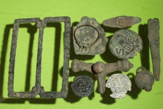 Ancient Roman Medieval Artifacts Jewelry Ring Coin Antique Lot Silver Old Buckle photo