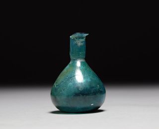 Ancient Roman Blue - Green Glass Flask Perfume Bottle Unguentarium photo