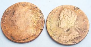 George Ii 1740 & Charles Ii Halfpenny Half Penny 1/2d photo