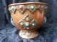 Antique Middle Eastern Heavy Jeweled Brass Cartouches Over Copper Footed Pot Near Eastern photo 1
