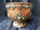 Antique Middle Eastern Heavy Jeweled Brass Cartouches Over Copper Footed Pot Near Eastern photo 3