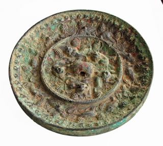 Chinese Tang Bronze ' Lion And Grapevine ' Mirror Circa 700 Ad. photo