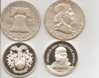 1962 - Franklin Half Dollar + Sterling Silver 1973 - Franklin Mint Member - Medal photo