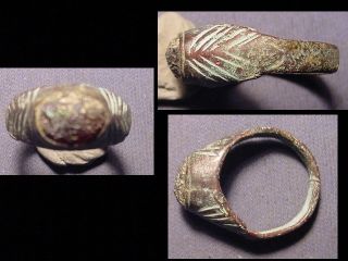 Roman Bronze Ring Complete With Carnelian Stone Circa 100 - 200 A.  D. photo