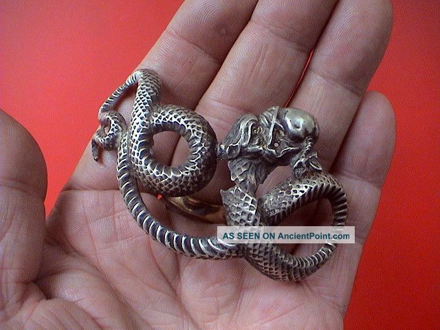 Rare Post Medieval Silver Applique.  Snake/satan Holding Apple,  17th Century Ad. Byzantine photo