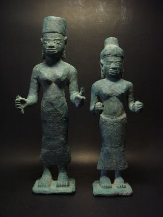 Rare Bronze Khmer Female Goddesses Sati And Parvati,  Pre Angkor Wat Period 8th C photo