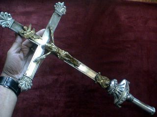 Huge Antique Gilded Processional Cross/crucifix With Hallmark,  Ca.  1850 Ad. photo