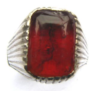 Victorian Era Silver Decorated Signet Ring Cased Red Glass Setting photo