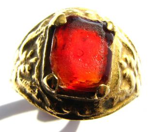 Late Medieval Gold Gilt Signet Shield Ring Clasped Red Glass Setting photo