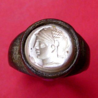Lovely Roman Bronze Ring Silver Gem With Roman Soldier Gladiator photo