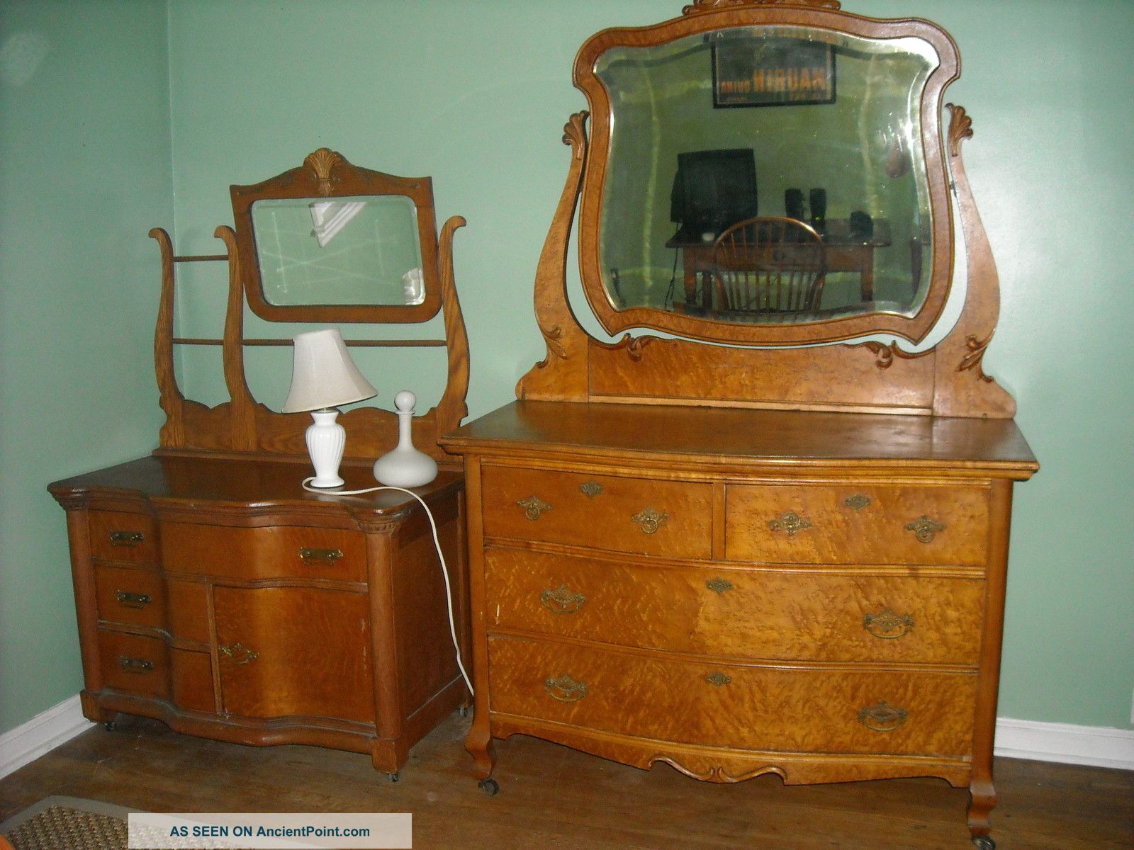 Birdseye Maplevanity And Birdseye Maple Dresser On Castors W/beveled Mirror, Unknown photo