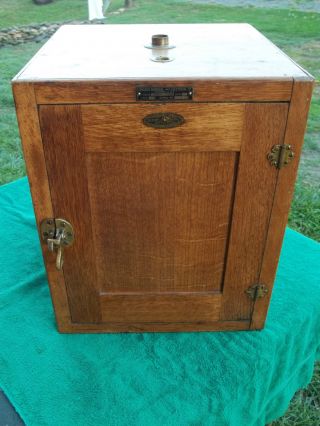 Early 1900 ' S Oak Barbers Sterilizer Cabinet,  Brass Hardware, photo