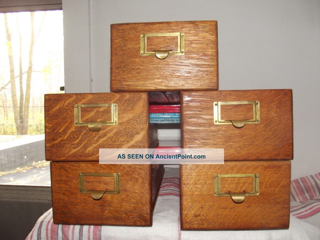 5 Antique Oak Index File Cabinet Drawers 1900-1950 photo