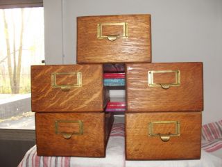 5 Antique Oak Index File Cabinet Drawers photo